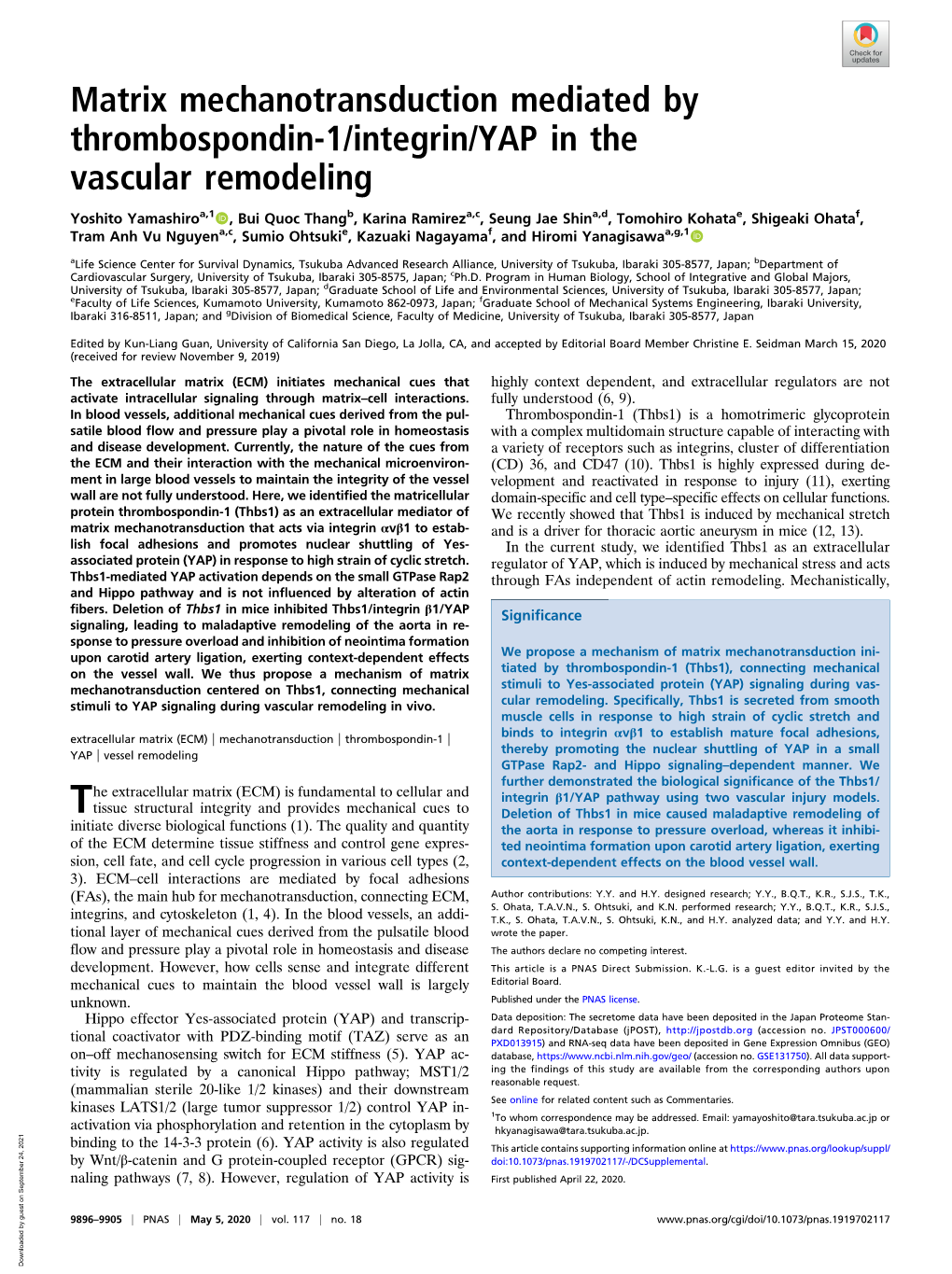 Matrix Mechanotransduction Mediated by Thrombospondin-1/Integrin/YAP in the Vascular Remodeling