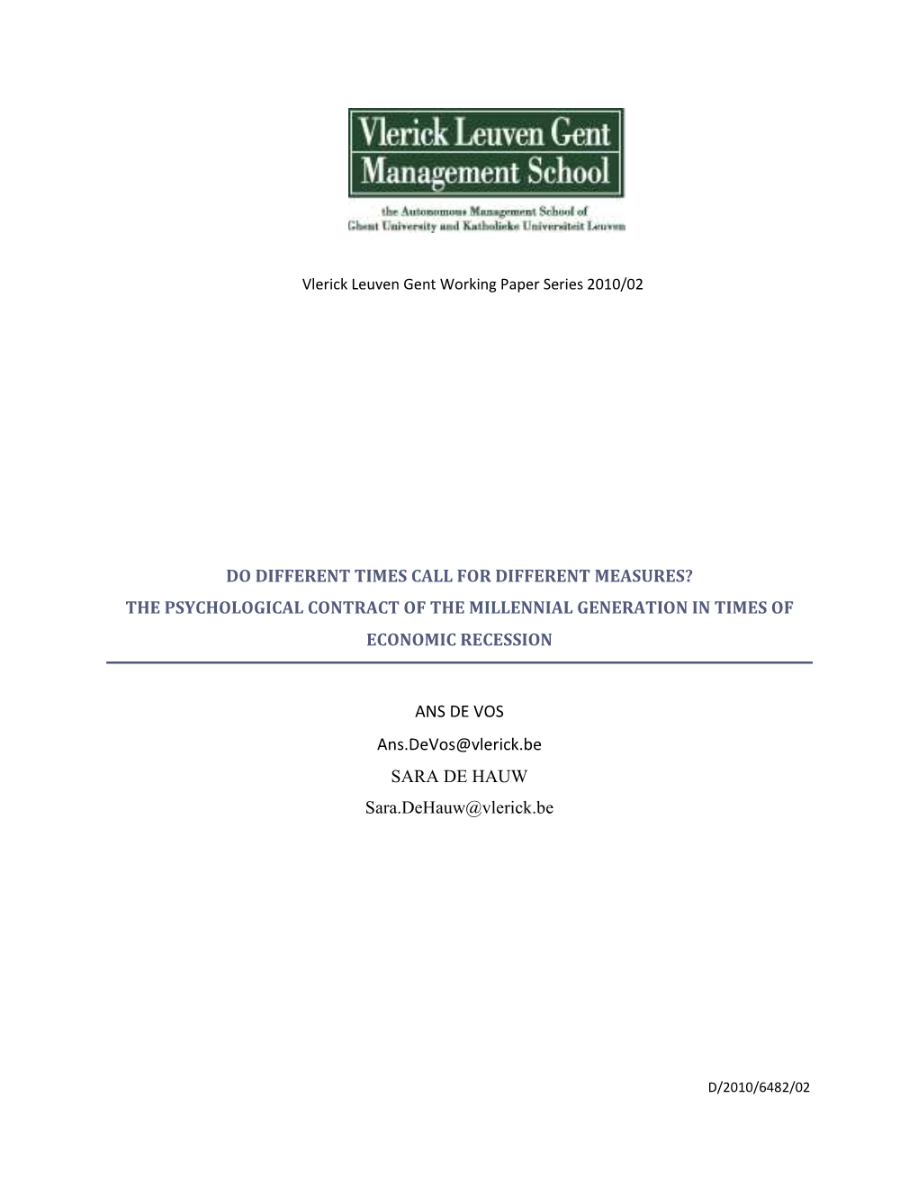 The Psychological Contract of the Millennial Generation in Times of Economic Recession