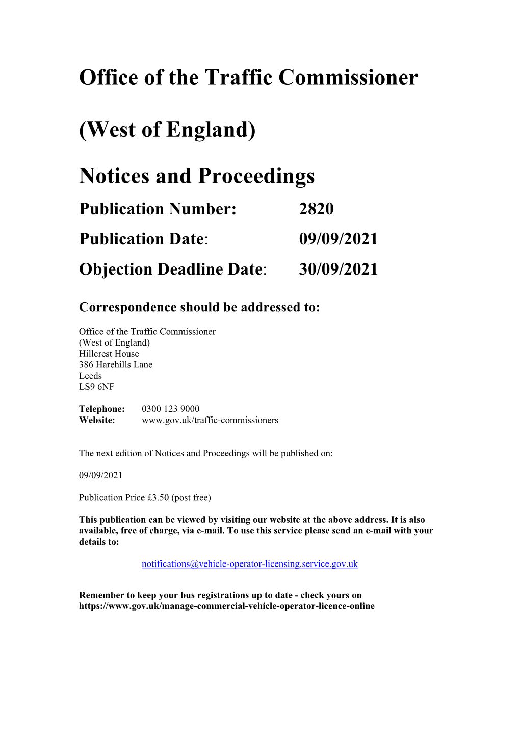 Office of the Traffic Commissioner (West of England) Notices And