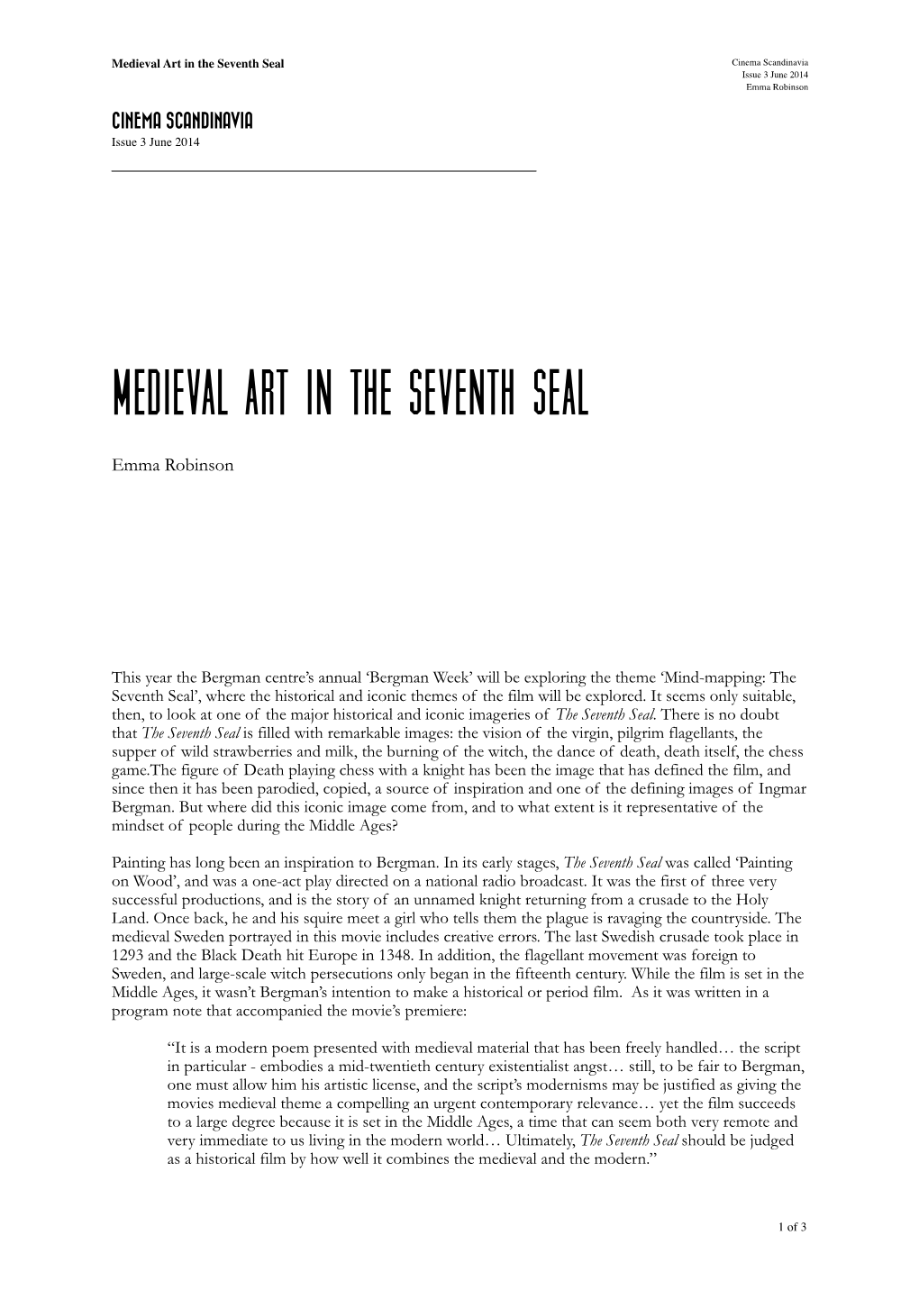 Medieval Art in the Seventh Seal Cinema Scandinavia Issue 3 June 2014 Emma Robinson