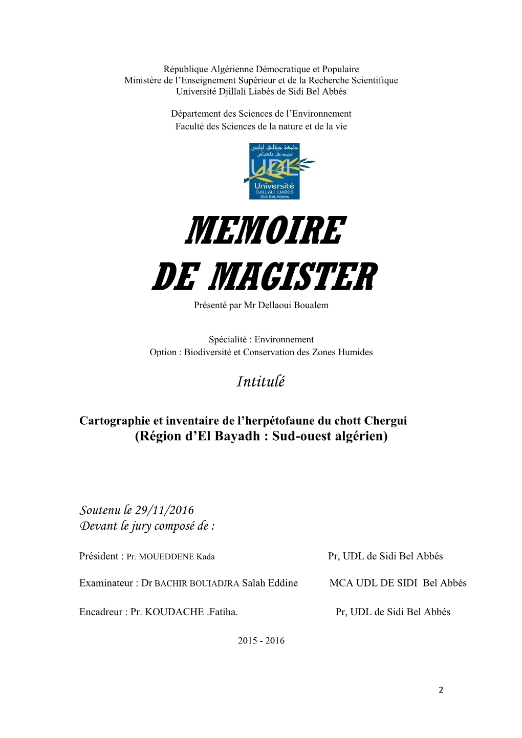 MEMOIRE DE MAGISTER Présenté Par Mr Dellaoui Boualem