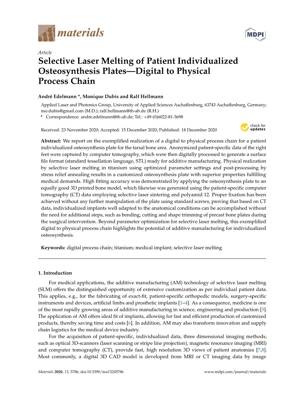 Selective Laser Melting of Patient Individualized Osteosynthesis Plates—Digital to Physical Process Chain