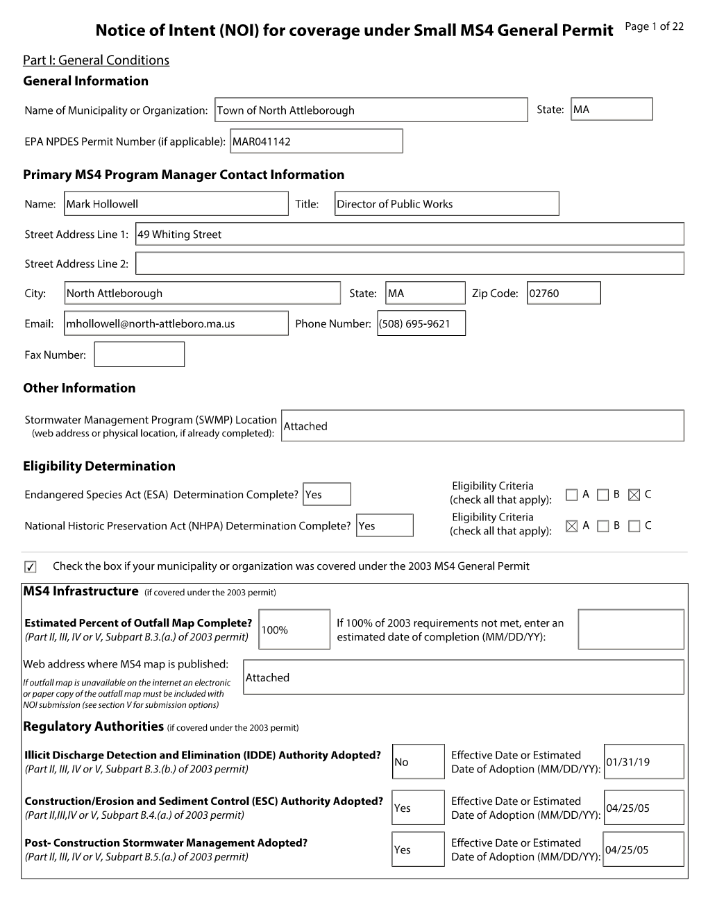 (NOI) for Coverage Under Small MS4 General Permit for North