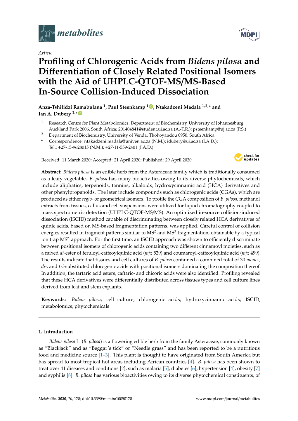 Profiling of Chlorogenic Acids from Bidens Pilosa and Differentiation