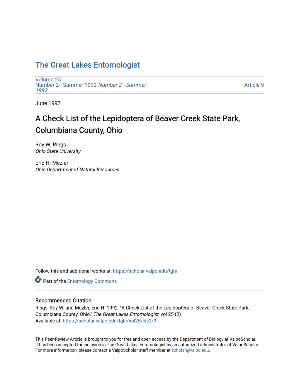 A Check List of the Lepidoptera of Beaver Creek State Park, Columbiana County, Ohio