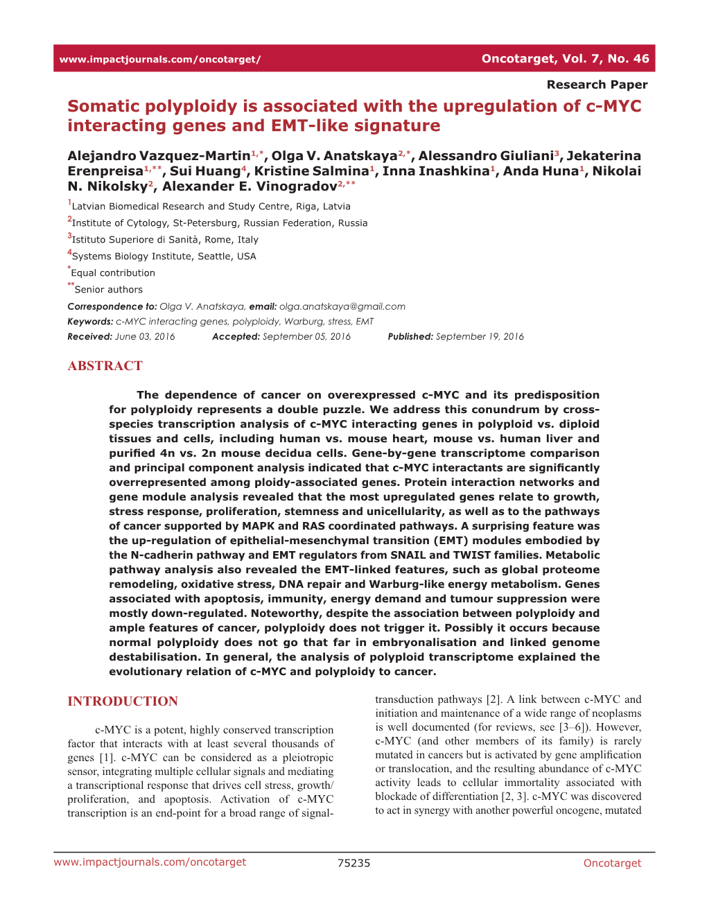 Somatic Polyploidy Is Associated with the Upregulation of C-MYC Interacting Genes and EMT-Like Signature