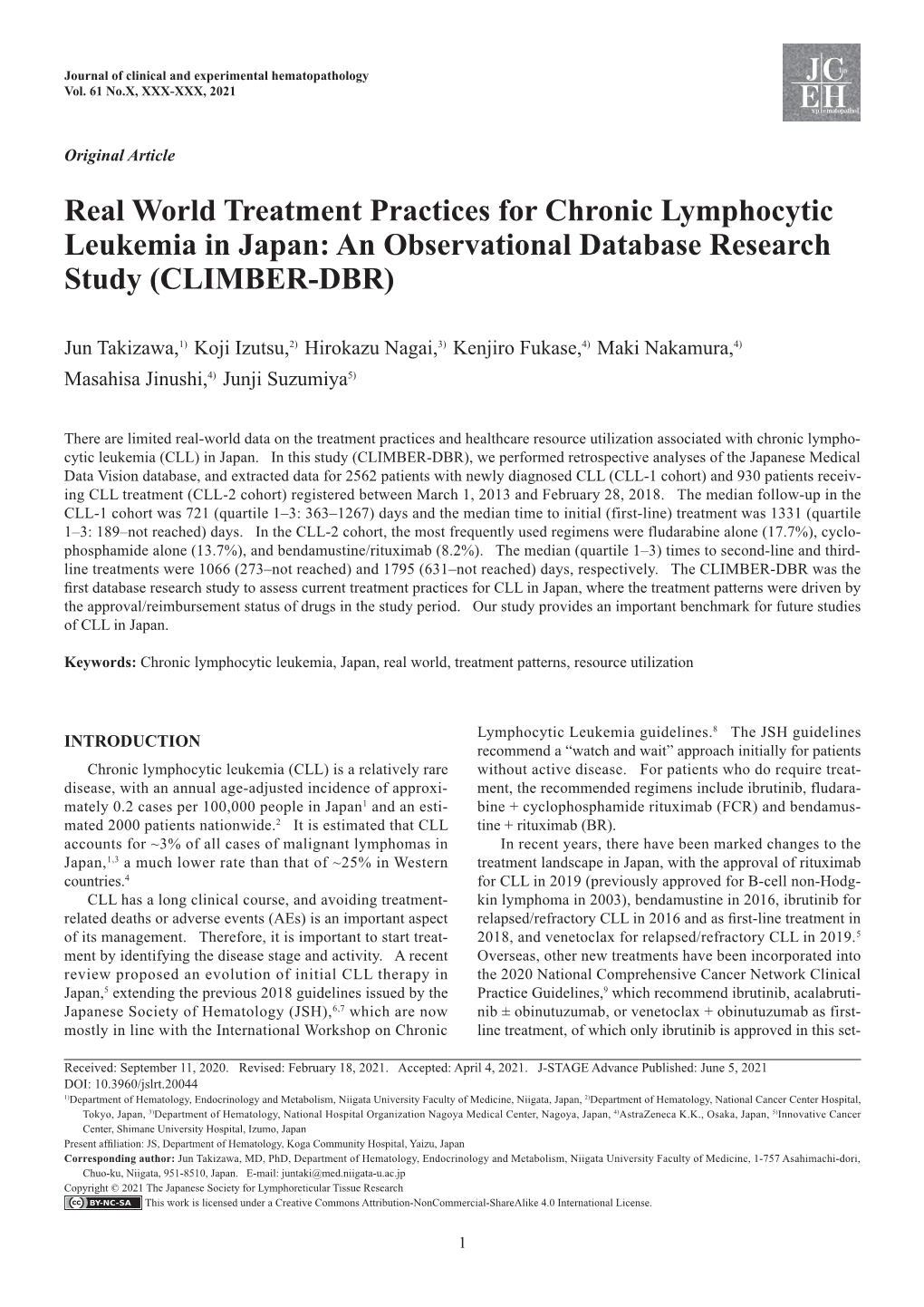 Real World Treatment Practices for Chronic Lymphocytic Leukemia in Japan: an Observational Database Research Study (CLIMBER-DBR)