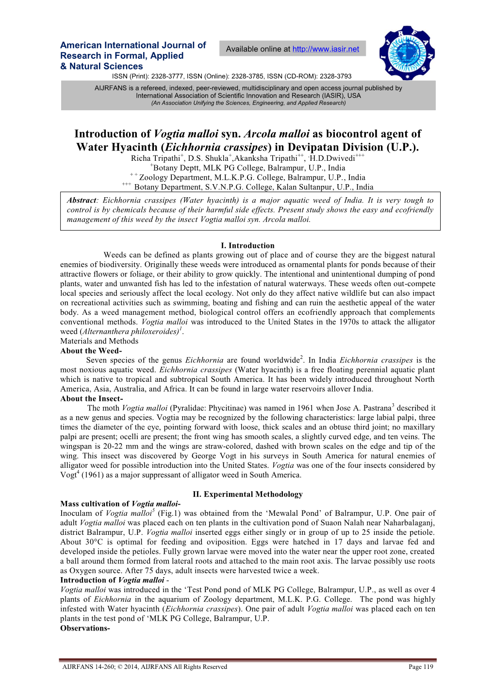 Introduction of Vogtia Malloi Syn. Arcola Malloi As Biocontrol Agent of Water Hyacinth (Eichhornia Crassipes) in Devipatan Division (U.P.)