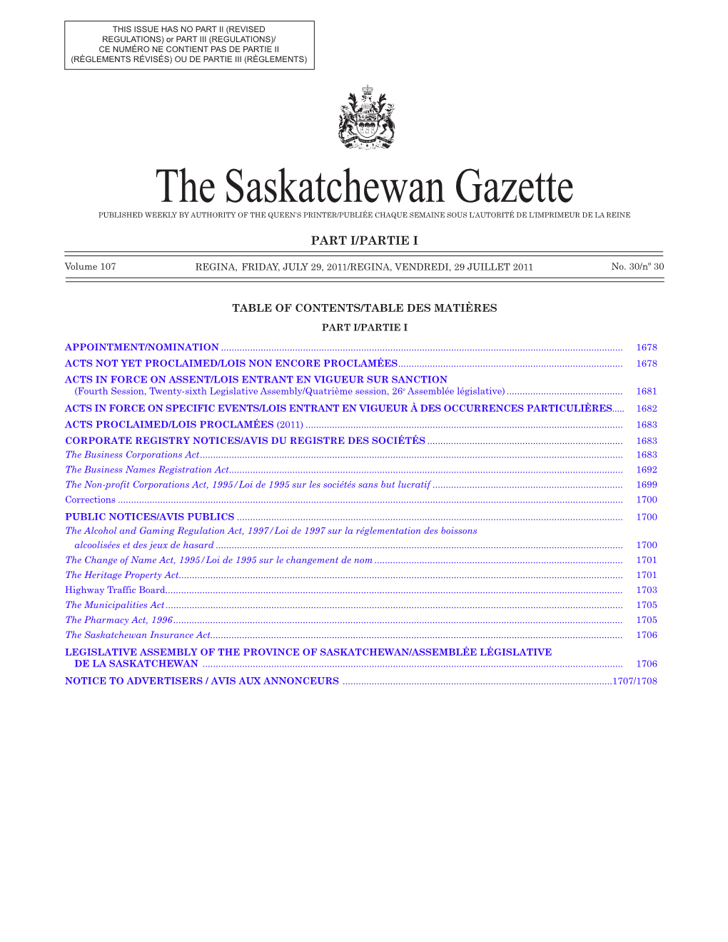 The Saskatchewan Gazette, July 29, 2011 1677