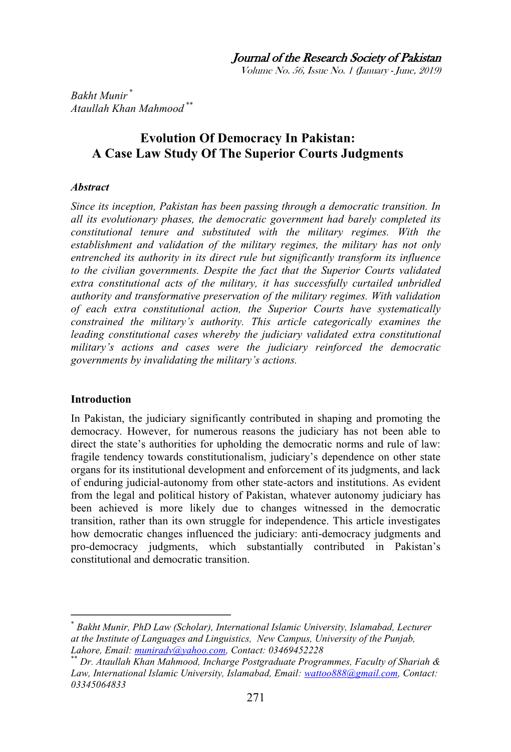 Evolution of Democracy in Pakistan: a Case Law Study of the Superior Courts Judgments
