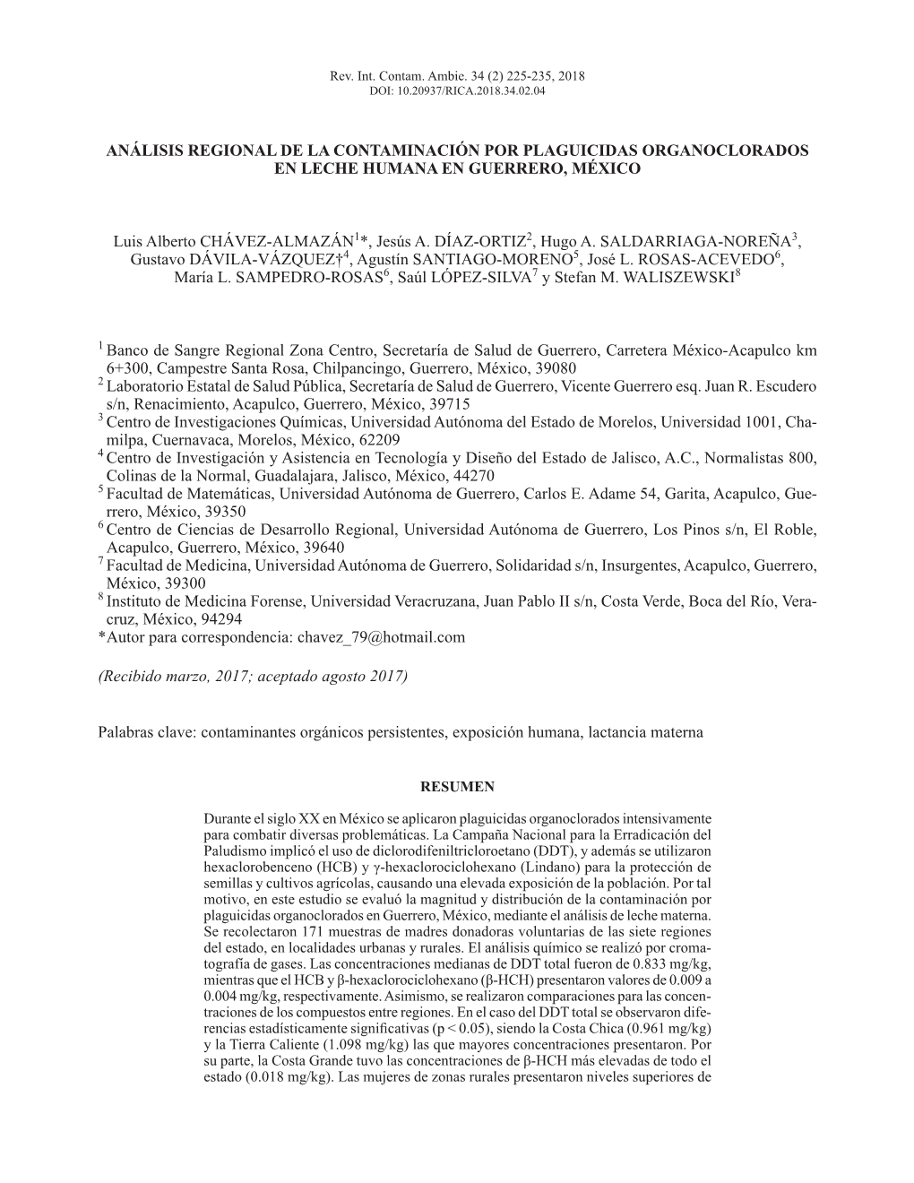 Análisis Regional De La Contaminación Por Plaguicidas Organoclorados En Leche Humana En Guerrero, México