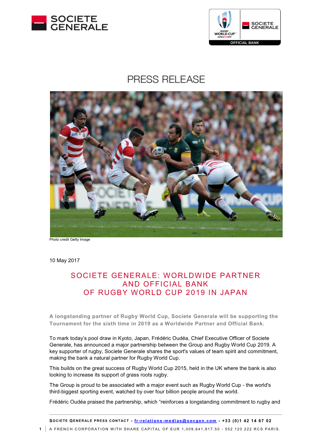 Societe Generale Worldwide Partner and Official Bank of Rugby World