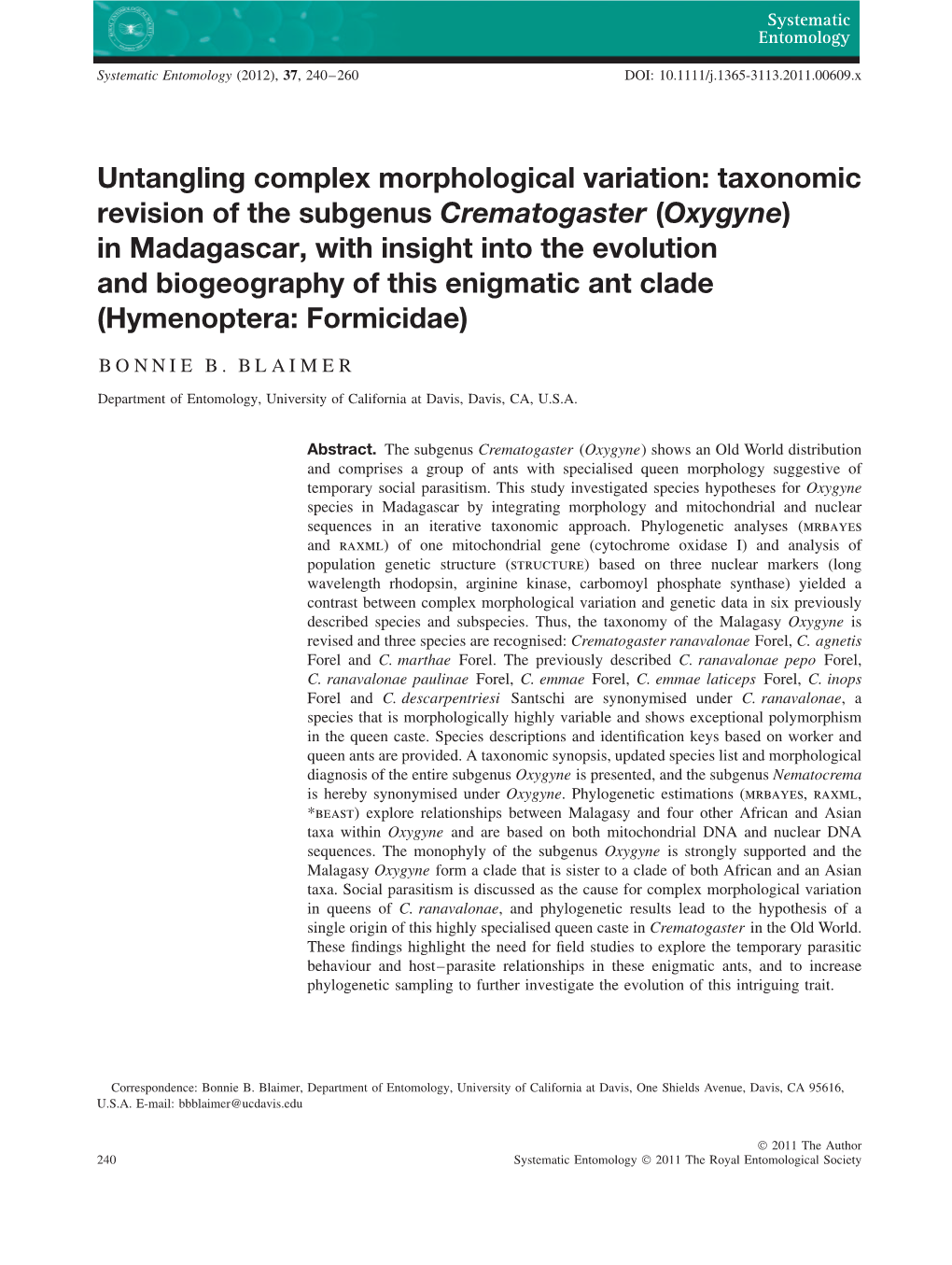 Taxonomic Revision of the Subgenus Crematogaster (Oxygyne)