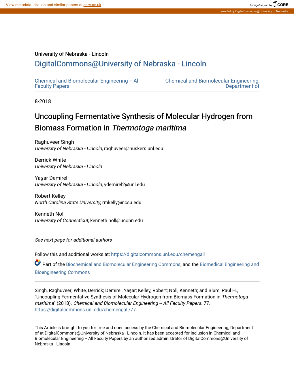 Uncoupling Fermentative Synthesis of Molecular Hydrogen from Biomass Formation in <I>Thermotoga Maritima</I>