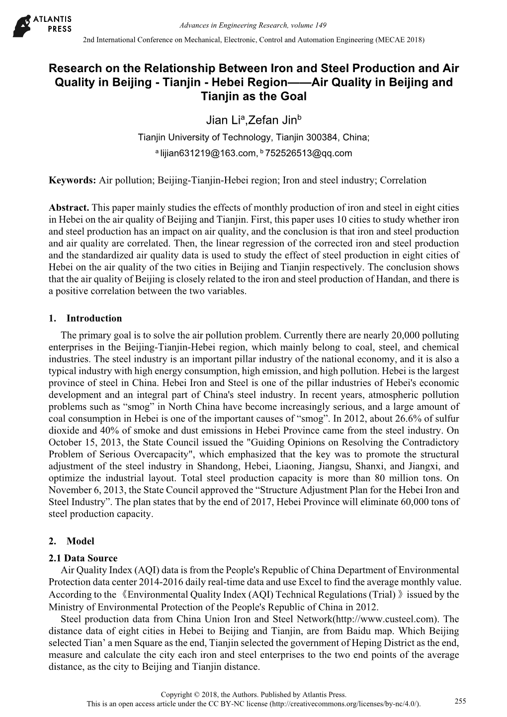 Research on the Relationship Between Iron and Steel Production and Air Quality in Beijing - Tianjin - Hebei Region——Air Quality in Beijing and Tianjin As the Goal