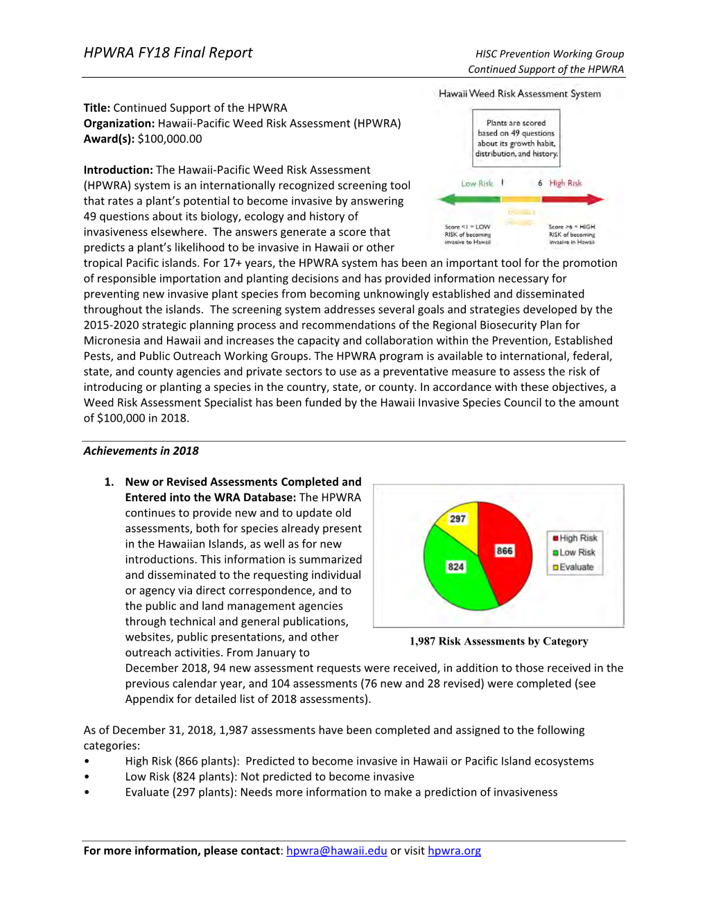 HPWRA FY18 Final Report HISC Prevention Working Group Continued Support of the HPWRA