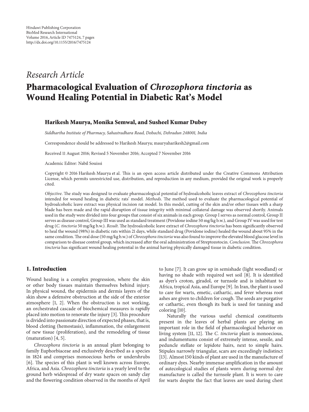 Pharmacological Evaluation of Chrozophora Tinctoria As Wound Healing Potential in Diabetic Rat’S Model