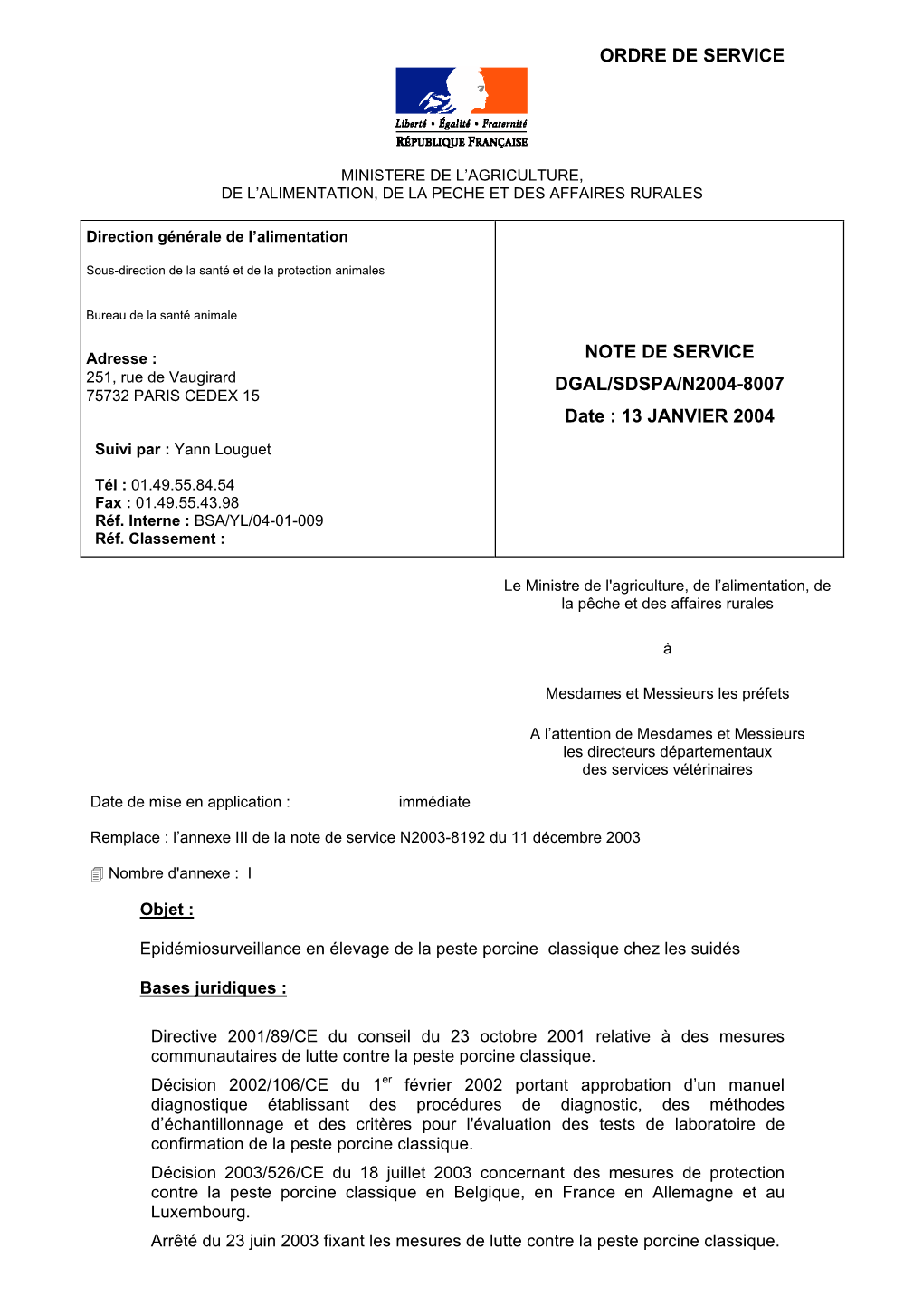 Ordre De Service Note De Service Dgal/Sdspa/N2004