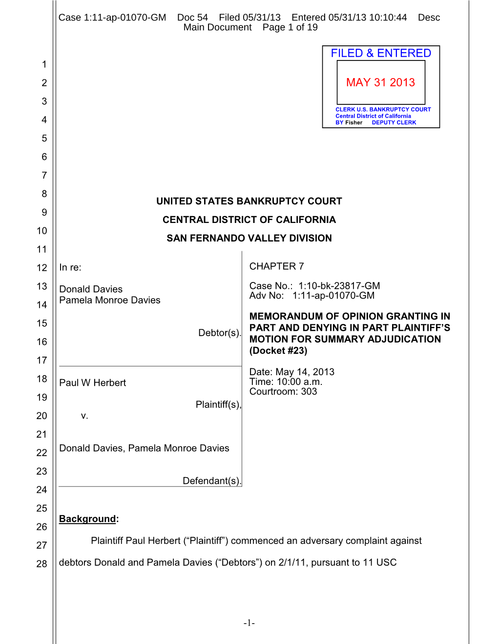 Donald Davies Case No.: 1:10-Bk-23817-GM Adv No: 1:11-Ap-01070-GM 14 Pamela Monroe Davies