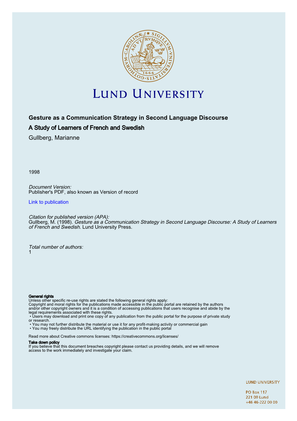 Gesture As a Communication Strategy in Second Language Discourse a Study of Learners of French and Swedish Gullberg, Marianne