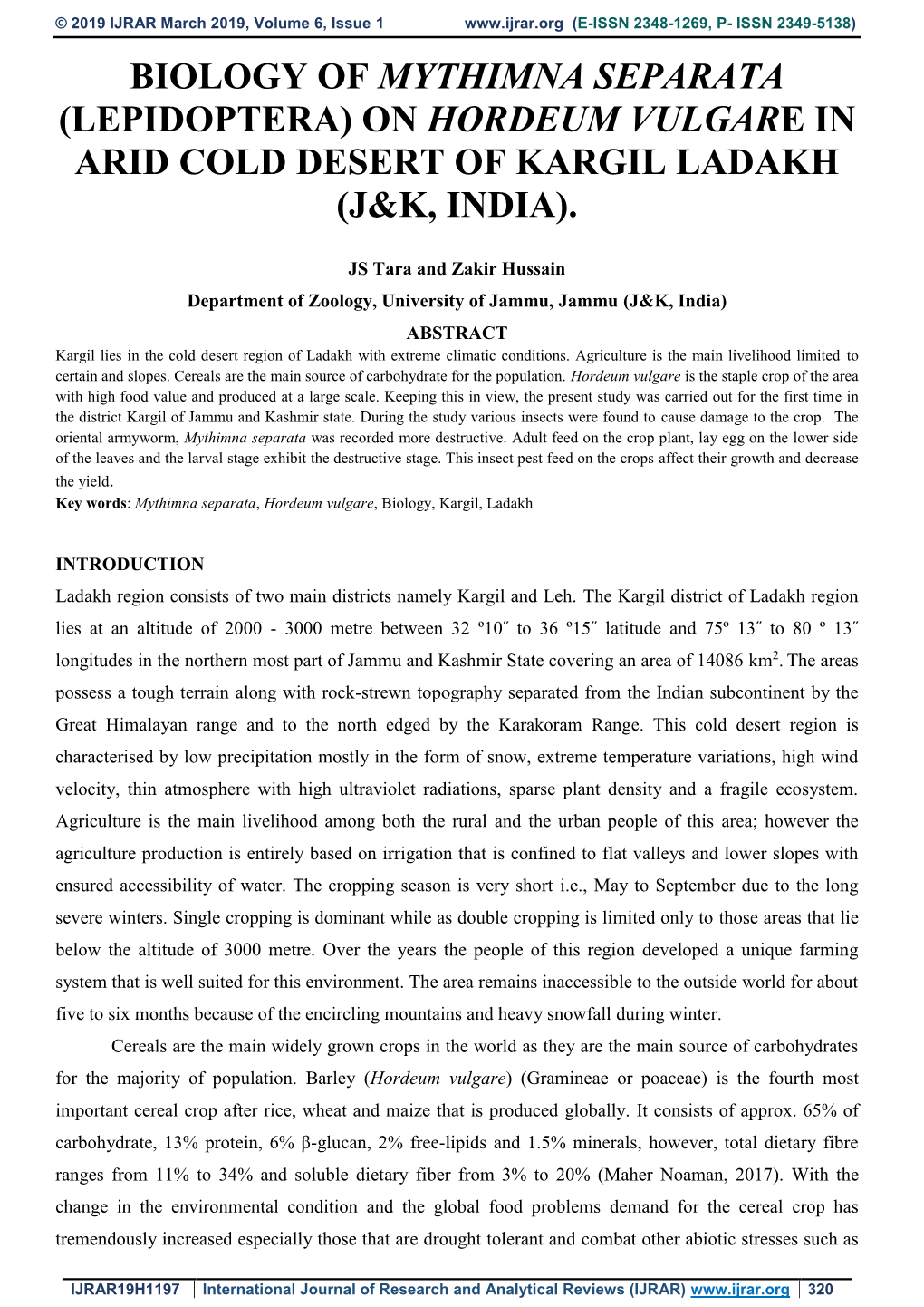 Biology of Mythimna Separata (Lepidoptera) on Hordeum Vulgare in Arid Cold Desert of Kargil Ladakh (J&K, India)