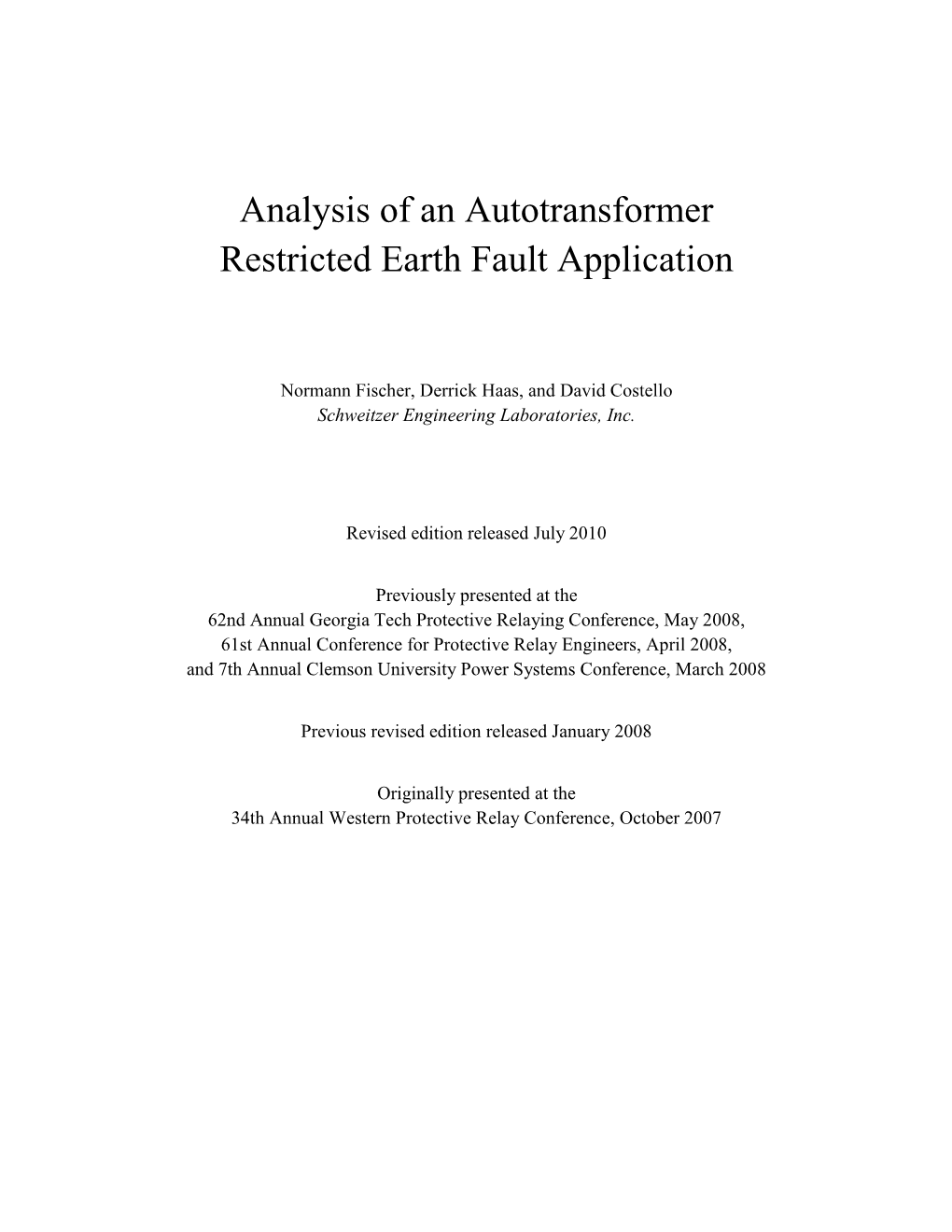 Analysis of an Autotransformer Restricted Earth Fault Application