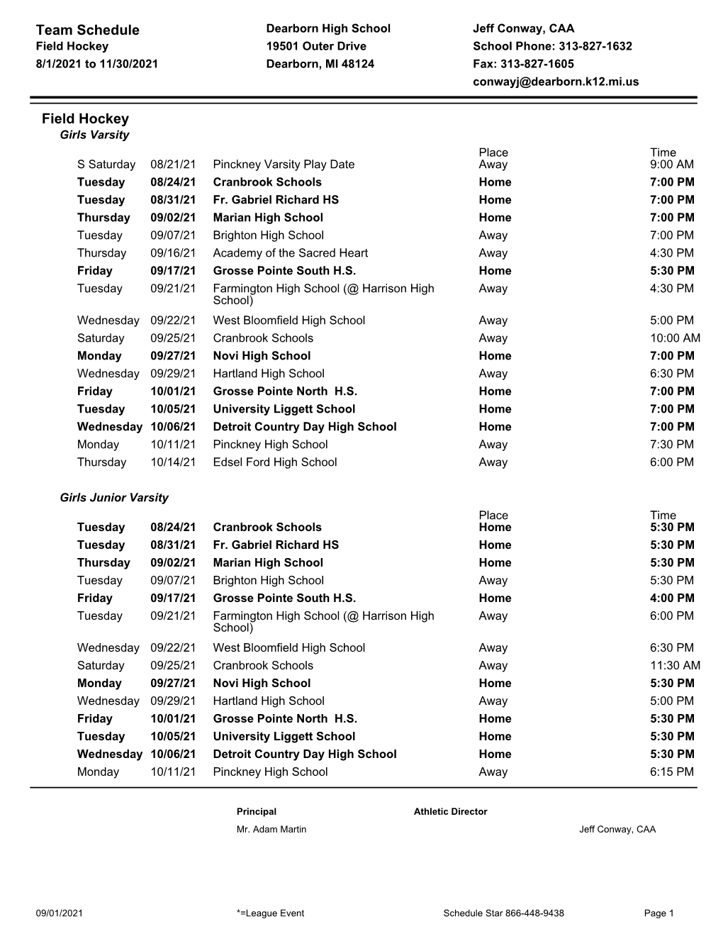 Team Schedule Field Hockey