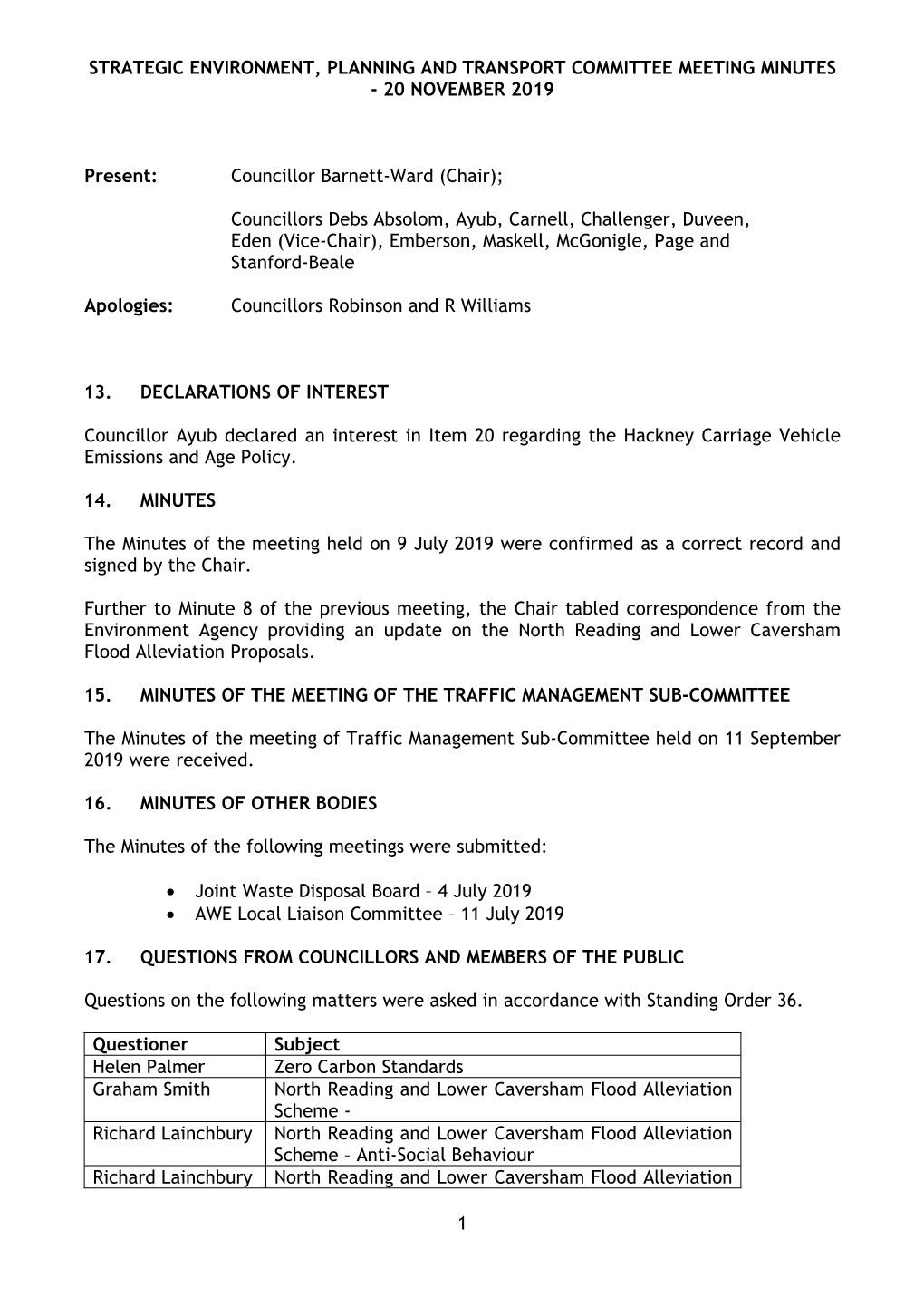 (Public Pack)Minutes Document for Strategic Environment, Planning and Transport Committee, 20/11/2019 18:30