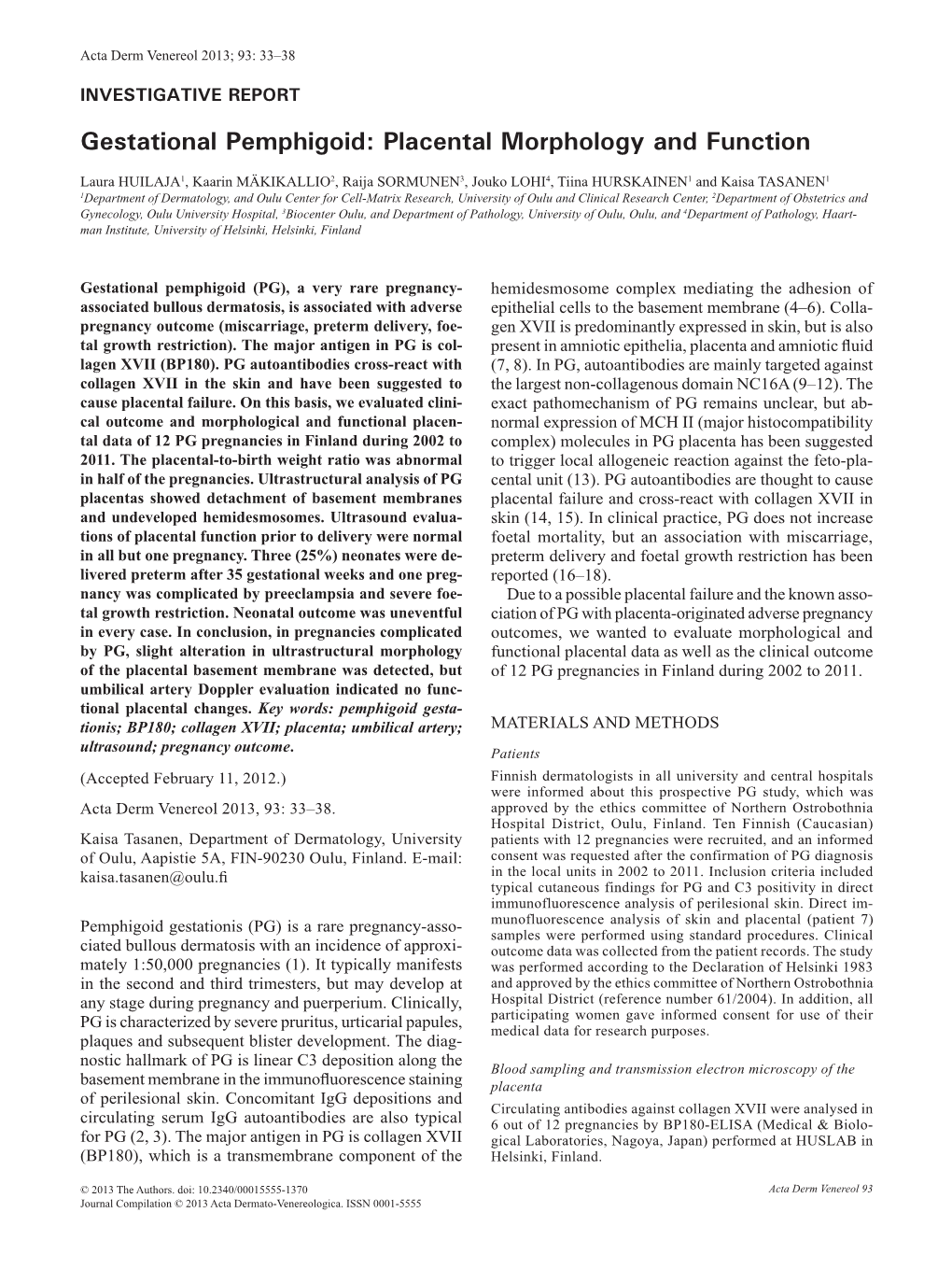 Gestational Pemphigoid: Placental Morphology and Function