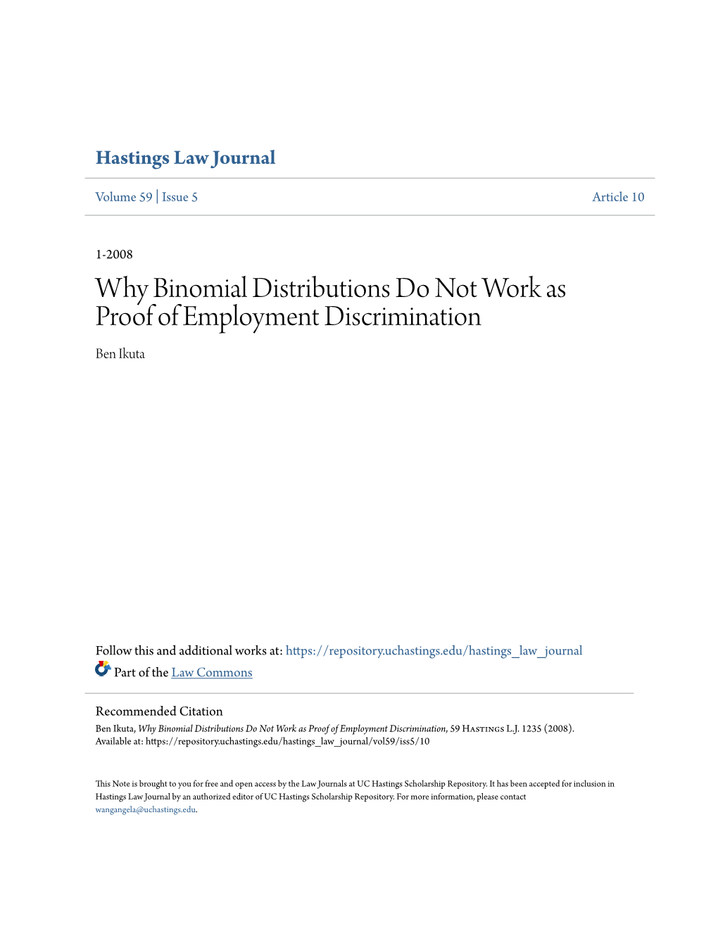 Why Binomial Distributions Do Not Work As Proof of Employment Discrimination Ben Ikuta