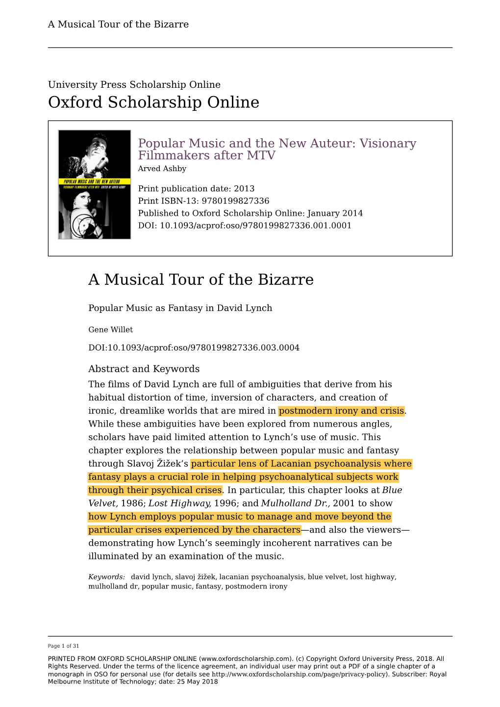 Musical Tour of the Bizarre: Popular Music As Fantasy in David Lynch