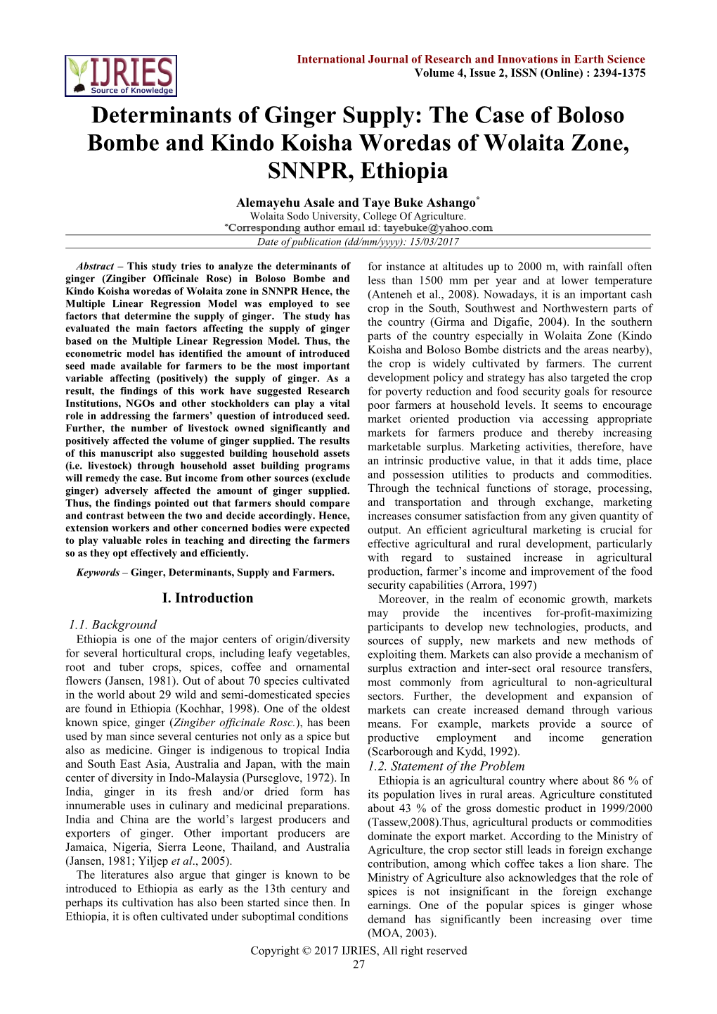 The Case of Boloso Bombe and Kindo Koisha Woredas of Wolaita Zone, SNNPR, Ethiopia