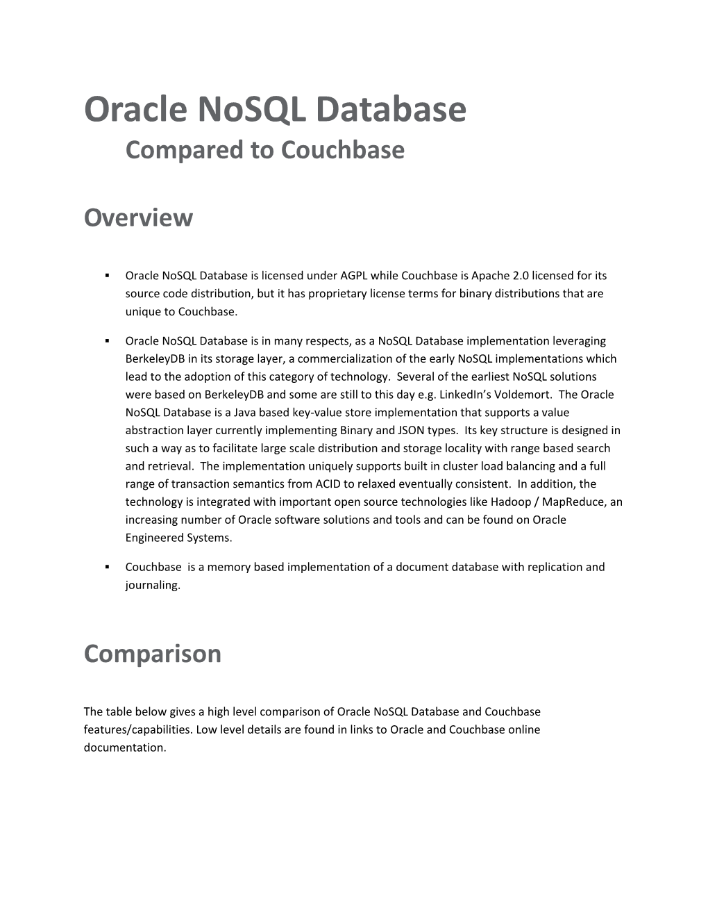 Oracle Nosql Database Compared to Couchbase
