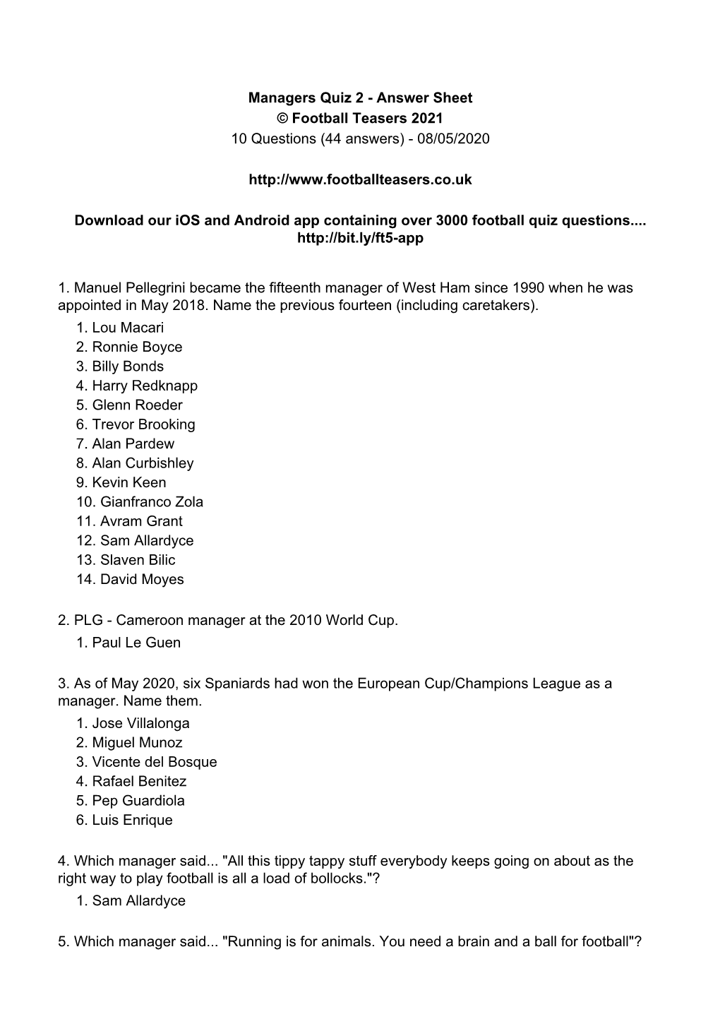 Managers Quiz 2 - Answer Sheet © Football Teasers 2021 10 Questions (44 Answers) - 08/05/2020