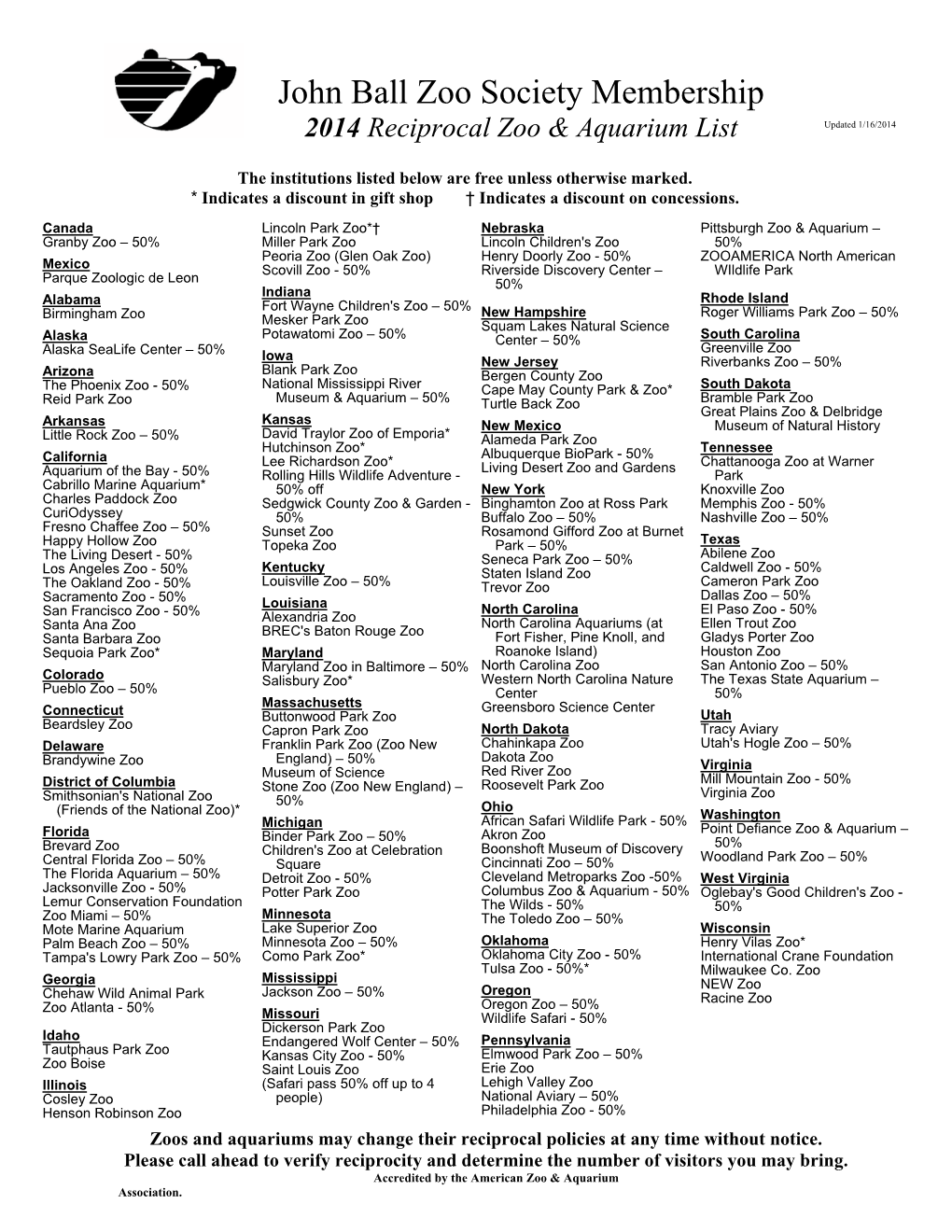 John Ball Zoo Society Membership 2014 Reciprocal Zoo & Aquarium List Updated 1/16/2014