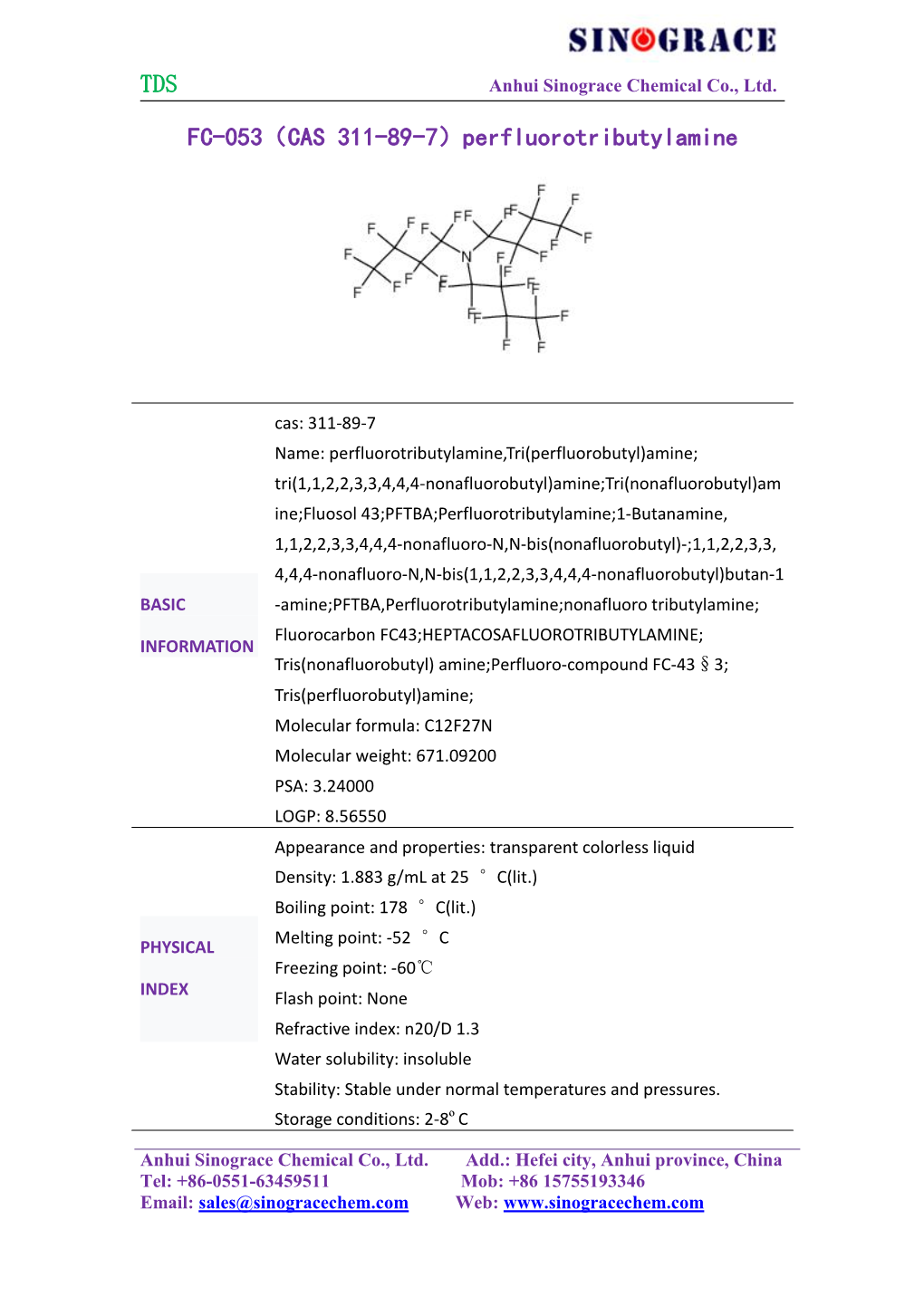 TDS FC-053（CAS 311-89-7）Perfluorotributylamine