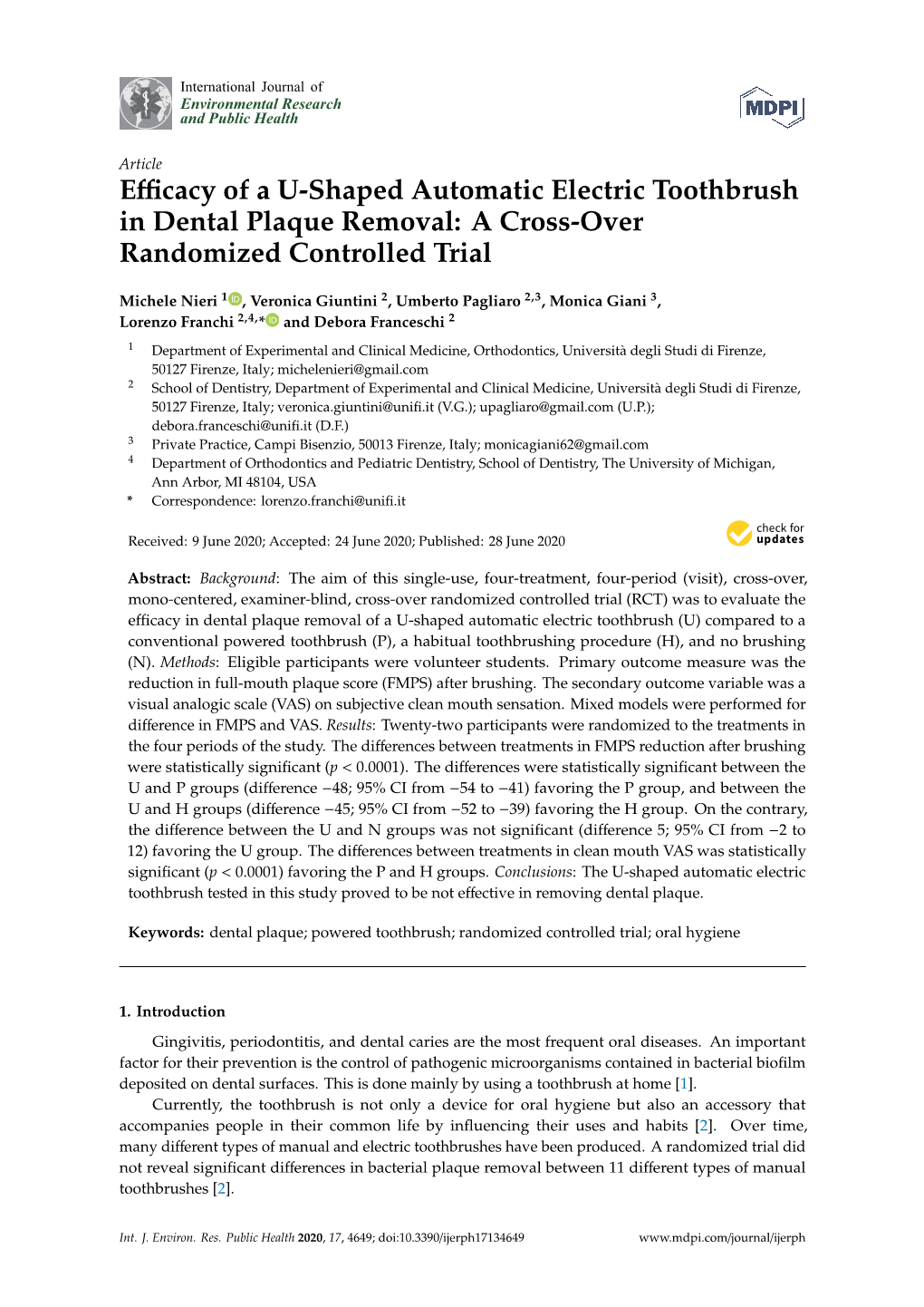 Efficacy of a U-Shaped Automatic Electric Toothbrush in Dental