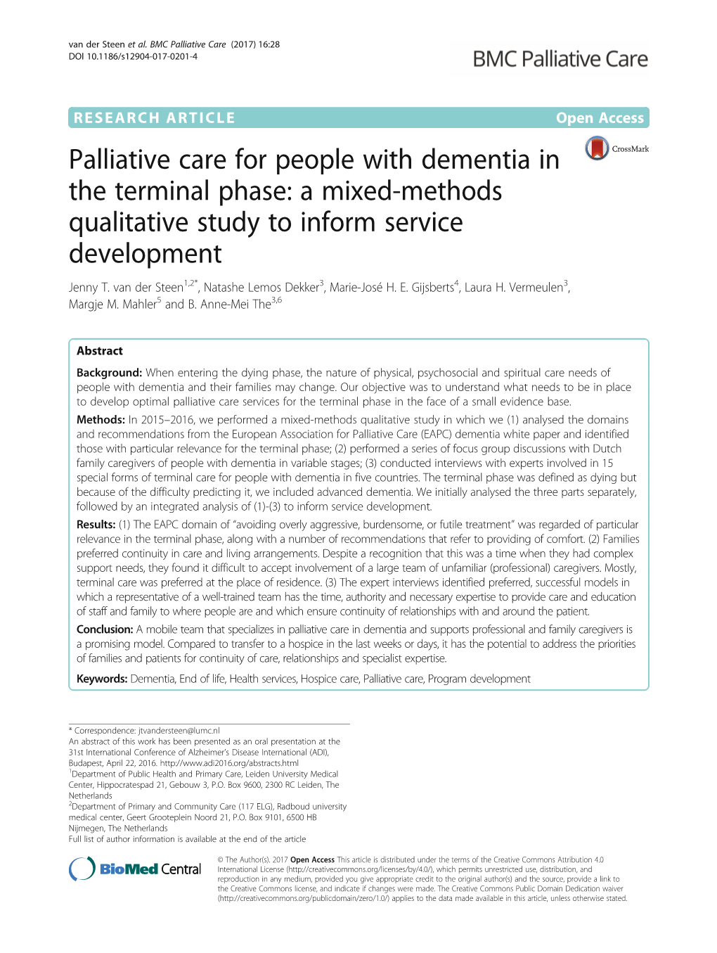 Palliative Care for People with Dementia in the Terminal Phase: a Mixed-Methods Qualitative Study to Inform Service Development Jenny T