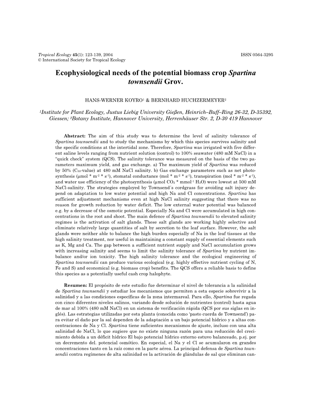 Ecophysiological Needs of the Potential Biomass Crop Spartina Townsendii Grov