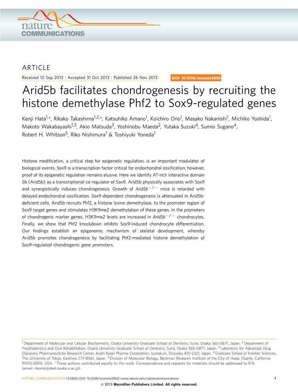 Arid5b Facilitates Chondrogenesis by Recruiting the Histone Demethylase Phf2 to Sox9-Regulated Genes