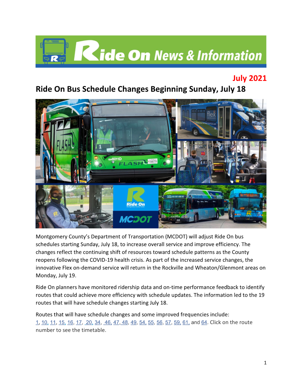 July 2021 Ride on Bus Schedule Changes Beginning Sunday, July 18