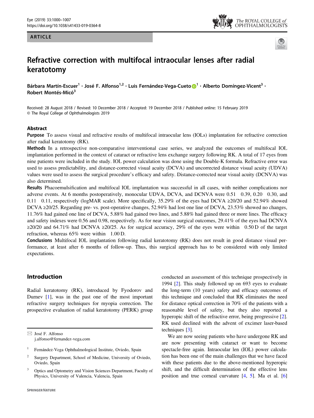 Refractive Correction with Multifocal Intraocular Lenses After Radial Keratotomy
