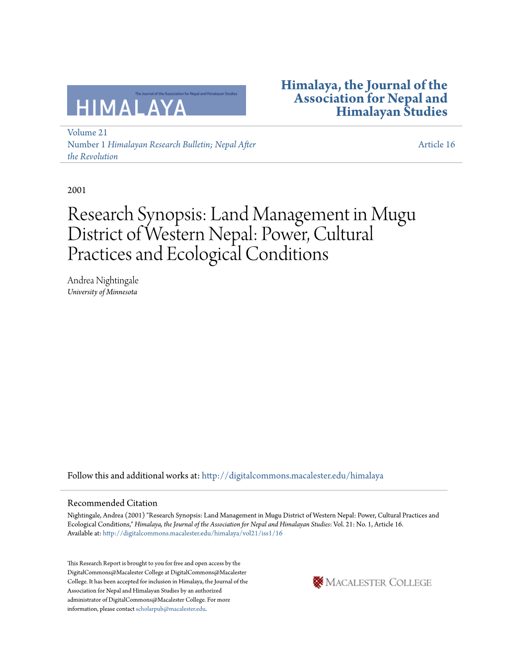 Land Management in Mugu District of Western Nepal: Power, Cultural Practices and Ecological Conditions Andrea Nightingale University of Minnesota