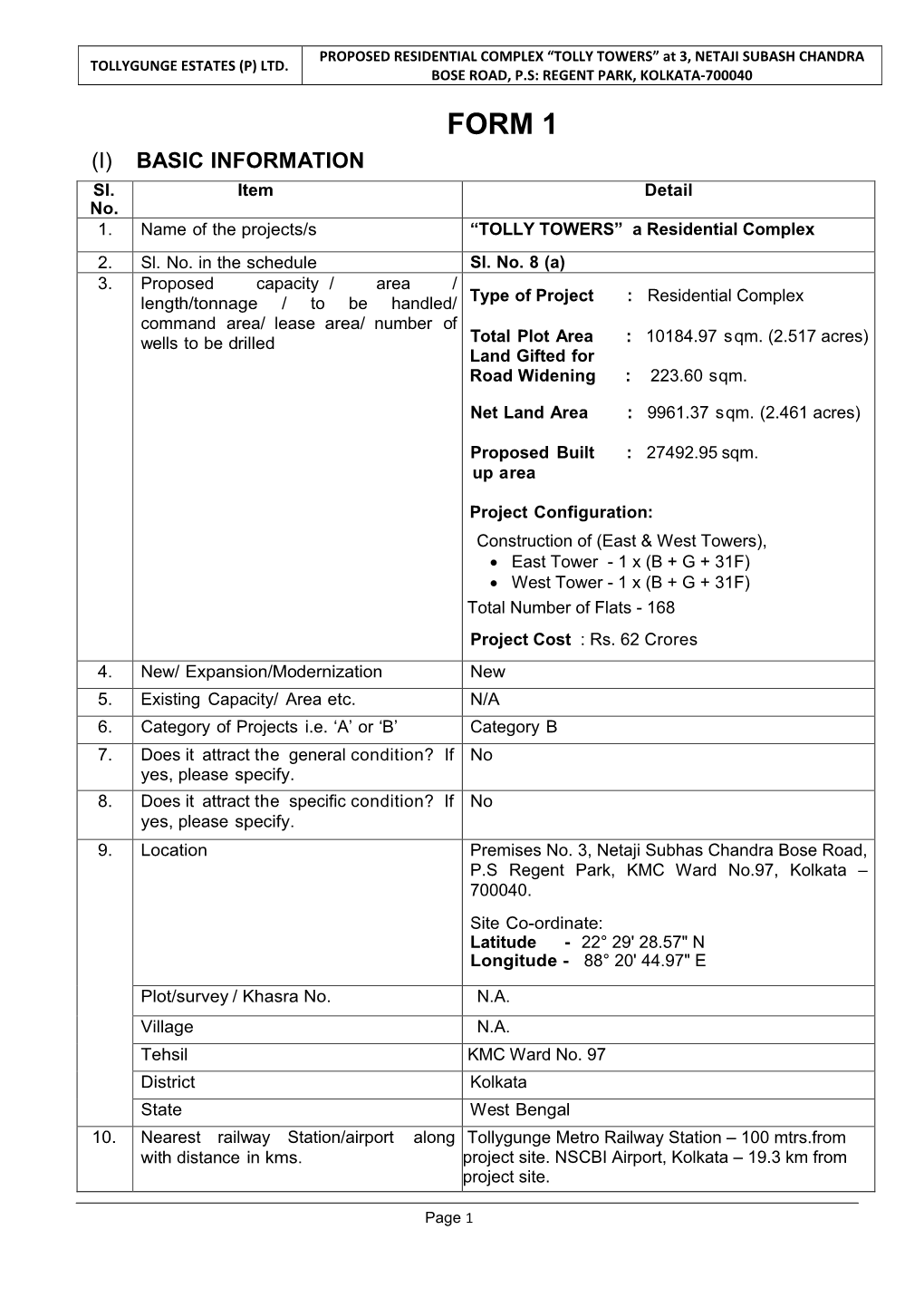 FORM 1 (I) BASIC INFORMATION Sl