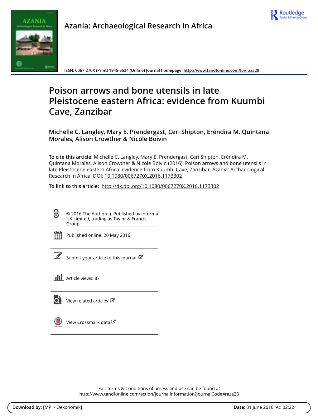 Poison Arrows and Bone Utensils in Late Pleistocene Eastern Africa: Evidence from Kuumbi Cave, Zanzibar