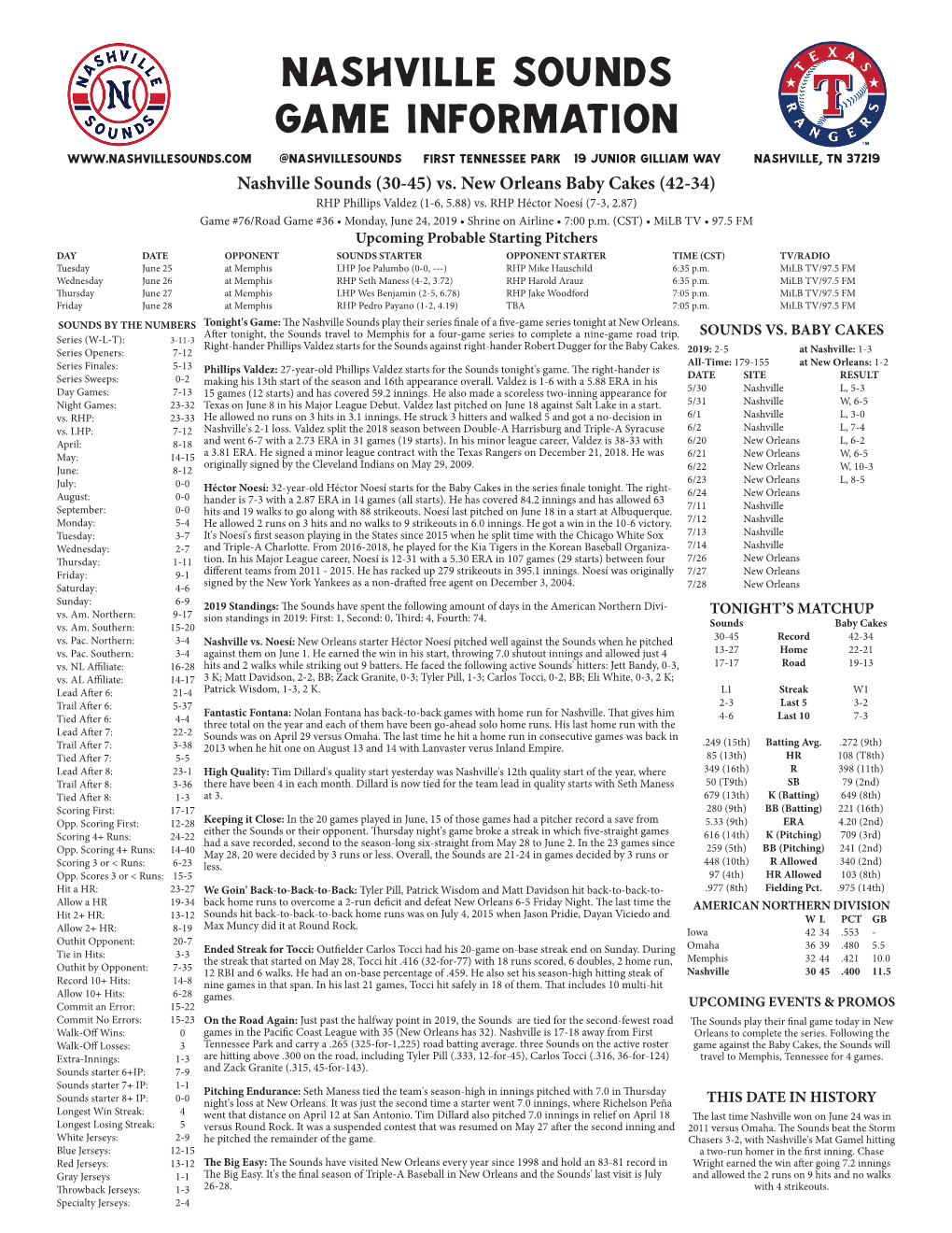 Nashville Sounds Game Information @Nashvillesounds First Tennessee Park 19 Junior Gilliam Way Nashville, TN 37219 Nashville Sounds (30-45) Vs