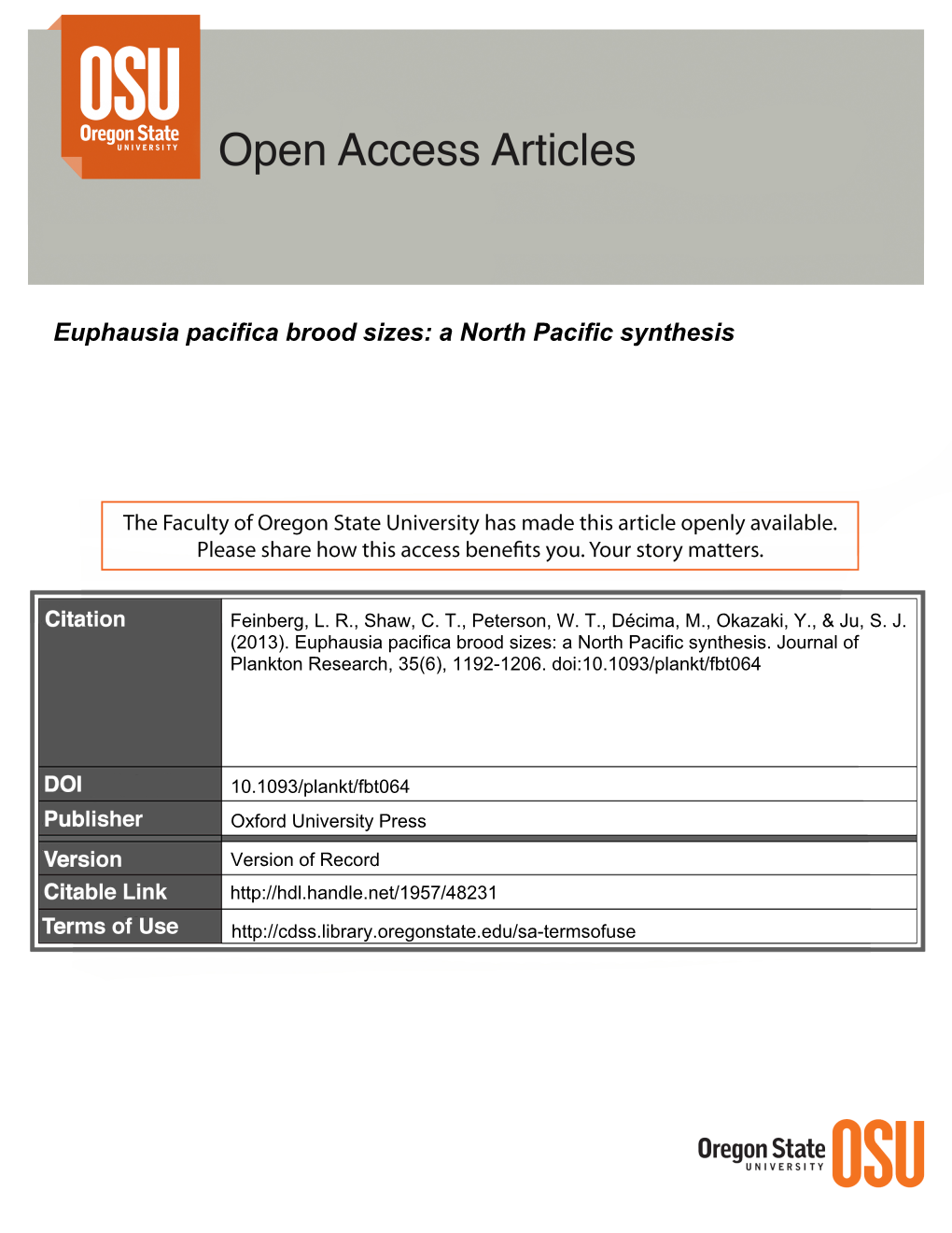 Euphausia Pacifica Brood Sizes: a North Pacific Synthesis