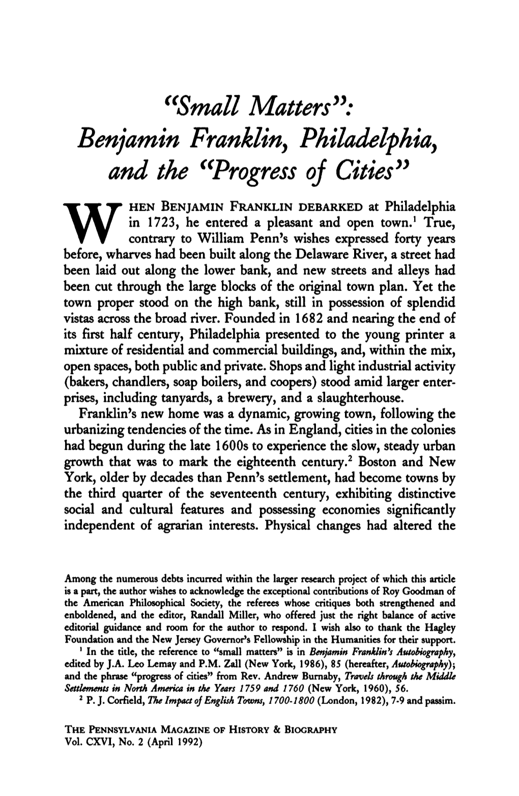 Benjamin Franklin, Philadelphia, and the "Progress of Cities1