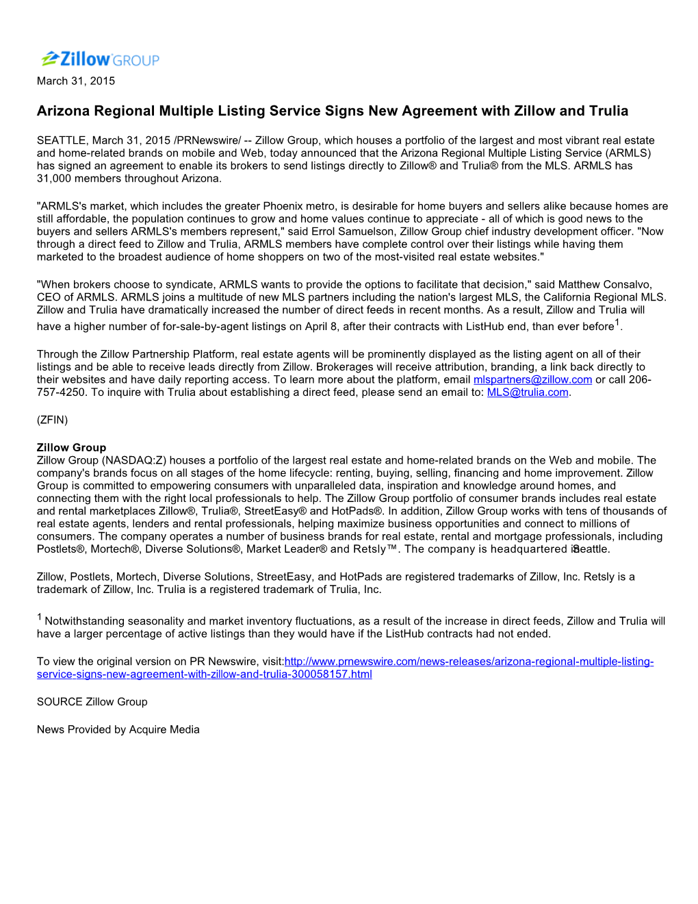 Arizona Regional Multiple Listing Service Signs New Agreement with Zillow and Trulia