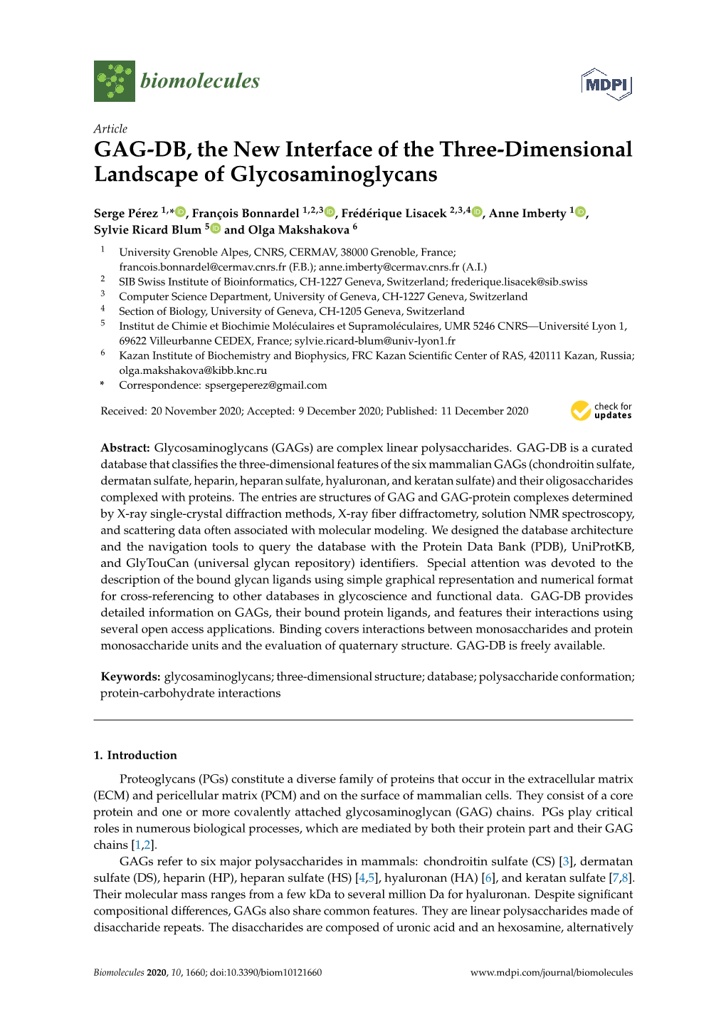 GAG-DB, the New Interface of the Three-Dimensional Landscape of Glycosaminoglycans